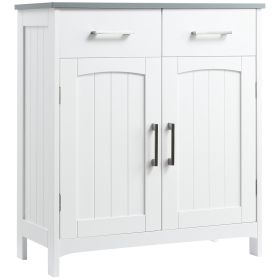 Freestanding Bathroom Linen Cabinet White Floor Storage Cupboard with 2 Drawers Double Doors Adjustable Shelf