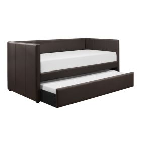 Brown Faux Leather Upholstered Contemporary Daybed with Trundle Wooden Furniture 1pc