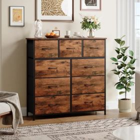 9 Drawer Dresser with Metal Frame and Wooden Top Fabric Storage Organizer Tower for Bedroom Living Room Entryway Office Closet Classic Freestandi (Color: Brown)